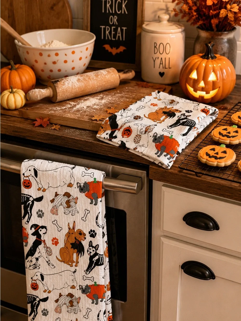 MAKERY Halloween Dog Tea Towels Set of 2 Cotton Kitchen Towels Ghosts Skeletons